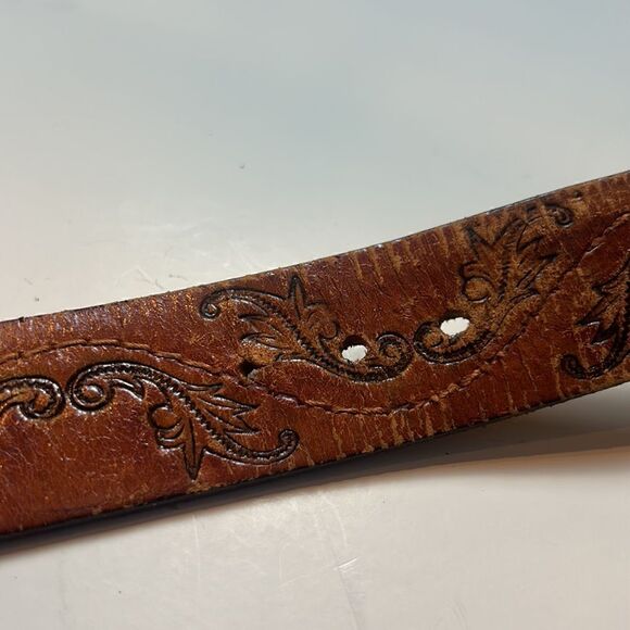 leather tooled belt with buckle hand stained latitan sz 36 western cowboy rodeo - Picture 11 of 11